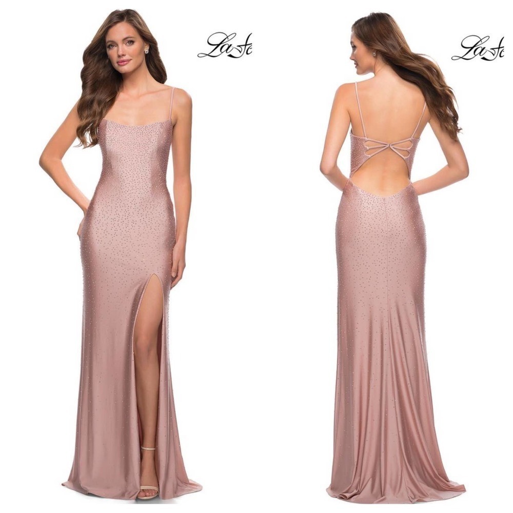 La Femme Side Slit Beaded Maxi Dress Open Back Mauve Women's Size 2 NWT